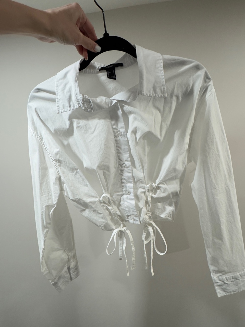 Forever 21 White Cropped Button-Down Shirt with Drawstring